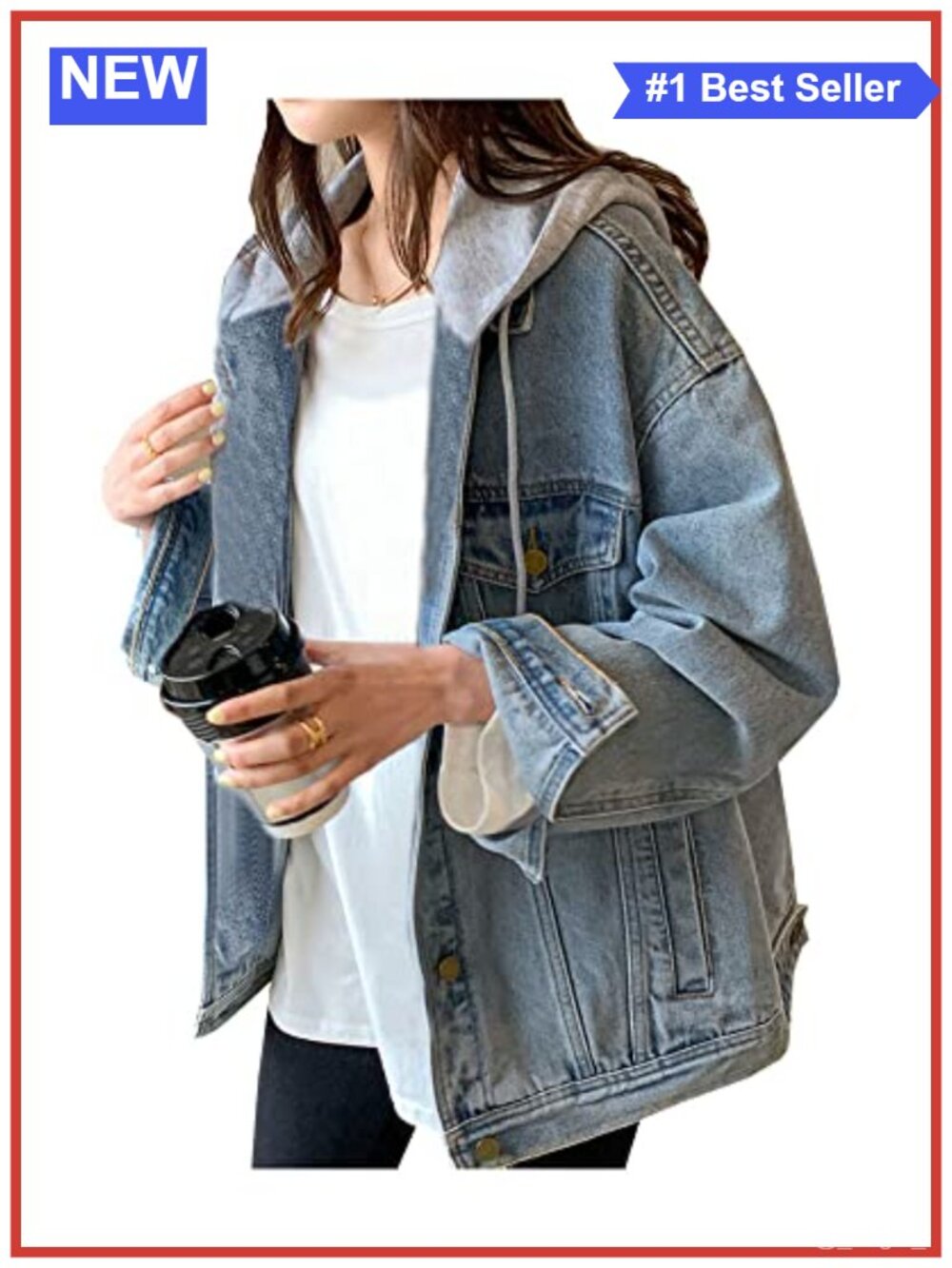 Oversized Distressed Denim Jacket Hooded Cotton Polyester Loose Fit